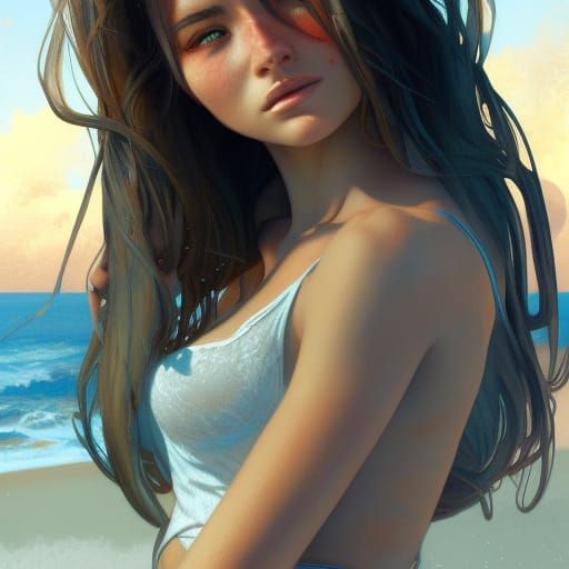 Beautiful Woman on Beach, Hyperdetailed Art Portrait