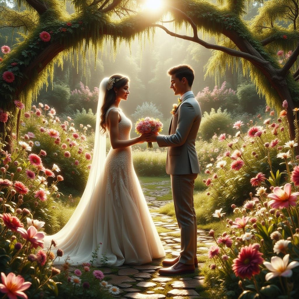 Bride and Groom in Lush Garden Wedding