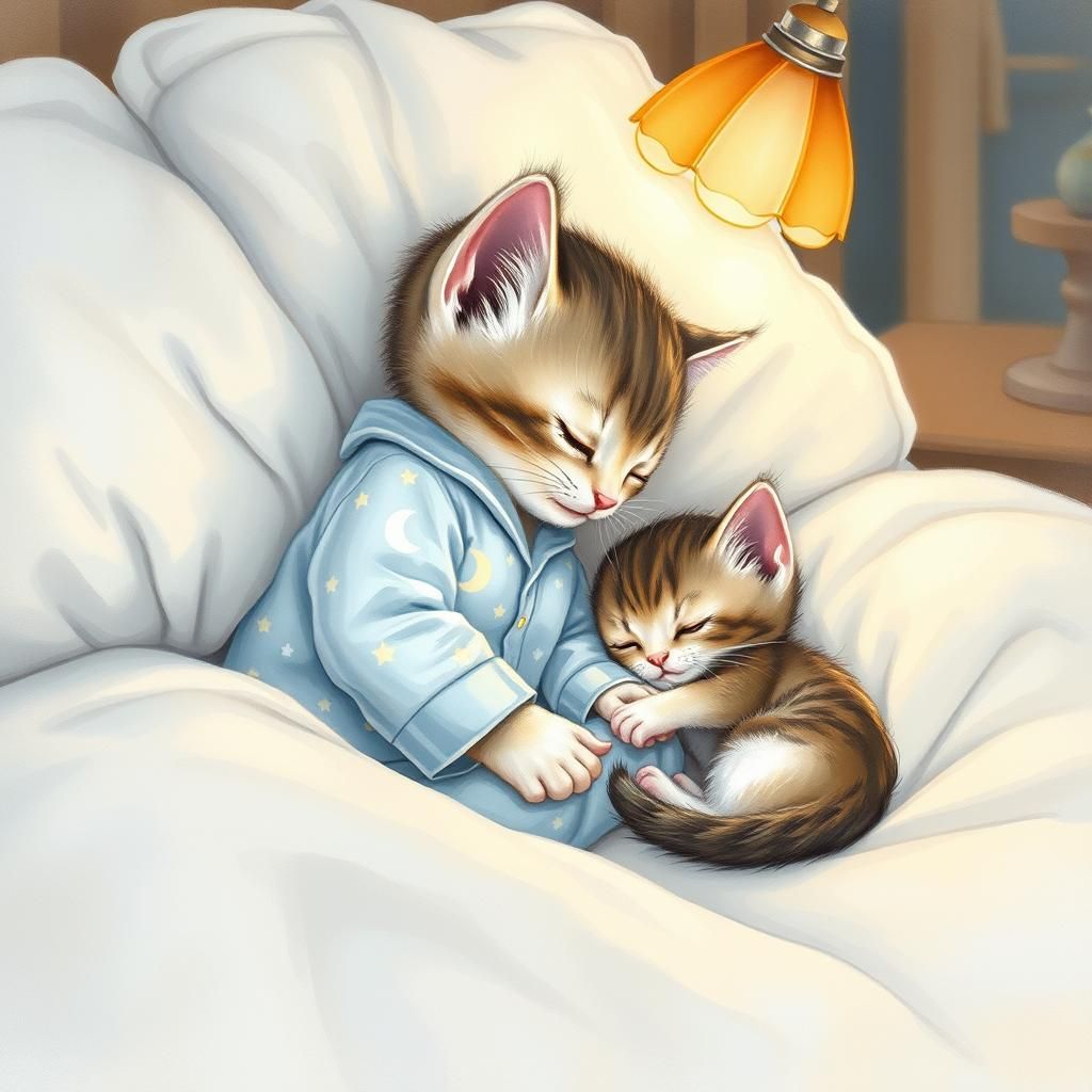Kittens' Bedtime Kiss in Watercolor Style