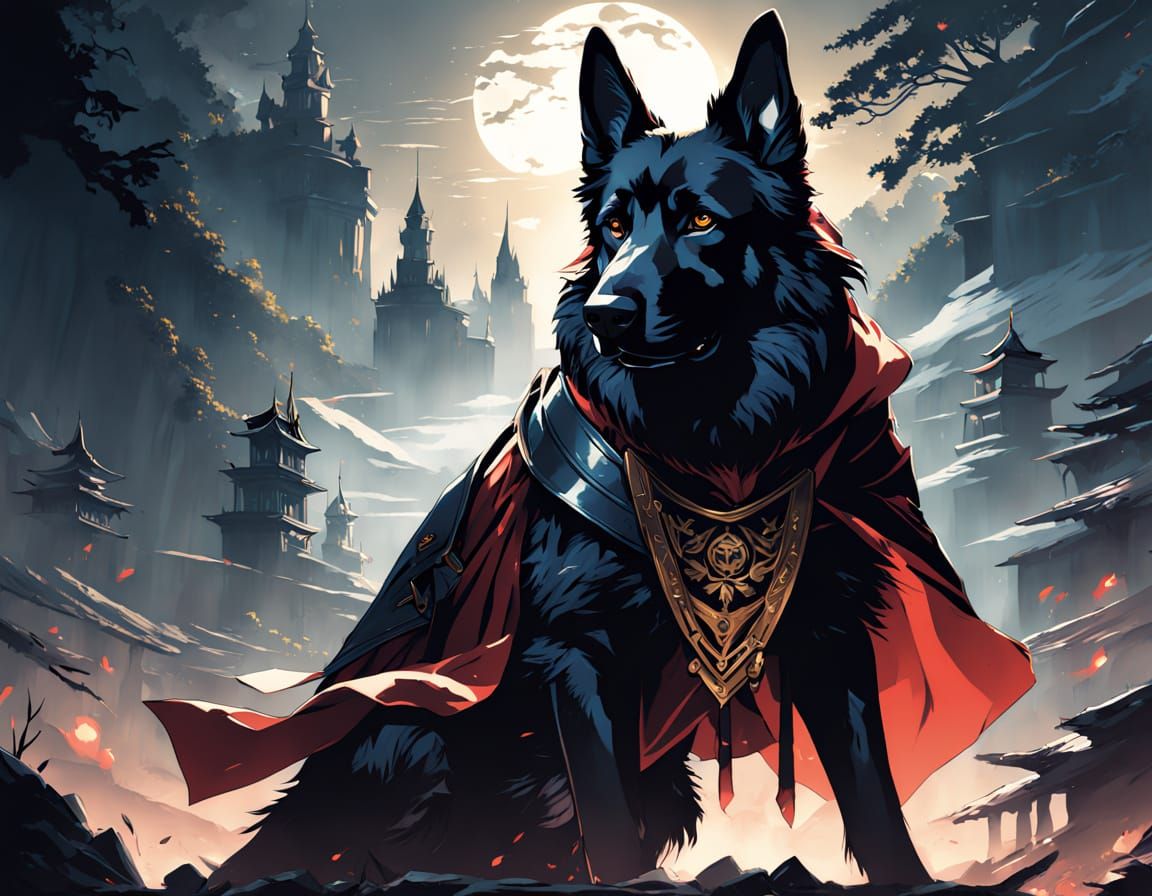 Surreal Heroic German Shepherd Dog Conquers Dark Forces