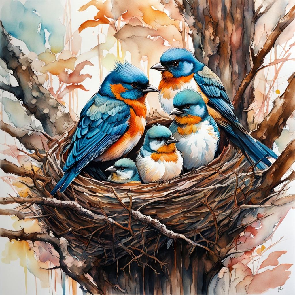 Cozy Bird Family in Cubist Art Deco Style