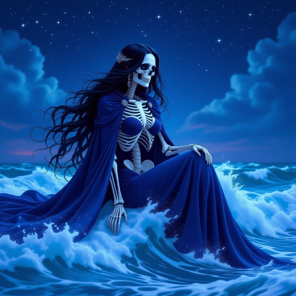 Skeletal Mermaid on Night Ocean Waves in Digital Art Style