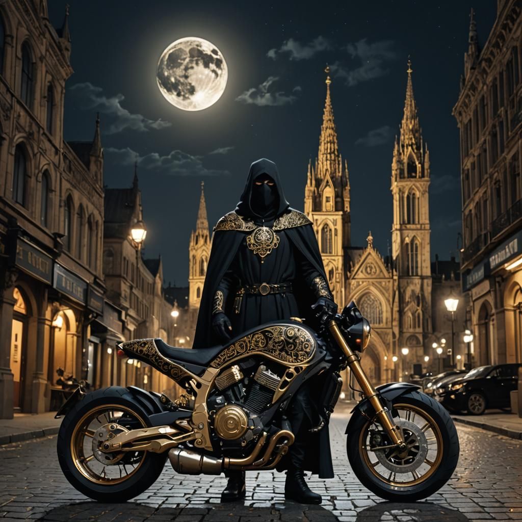 Gothic Figure in Black Cloak with Motorcycle