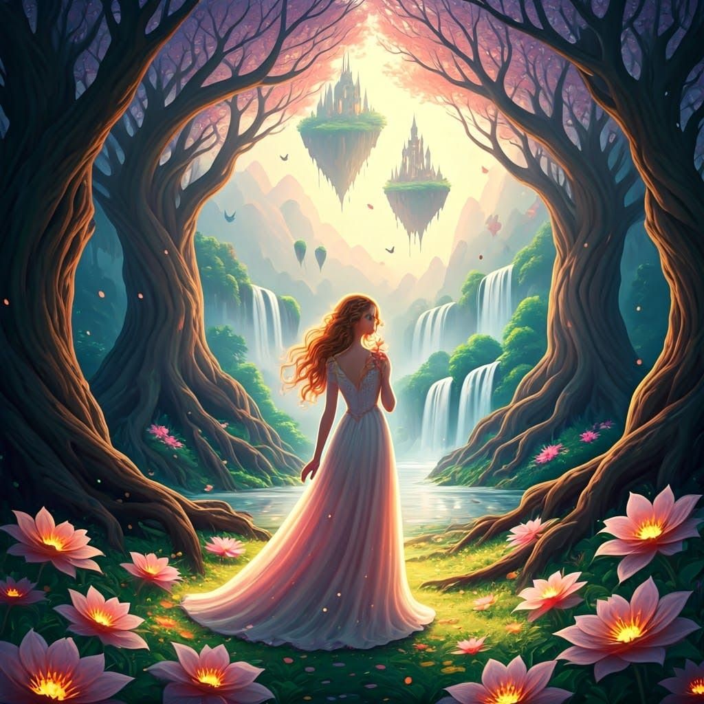 Ethereal Woman in Crystalline Forest, Digital Art