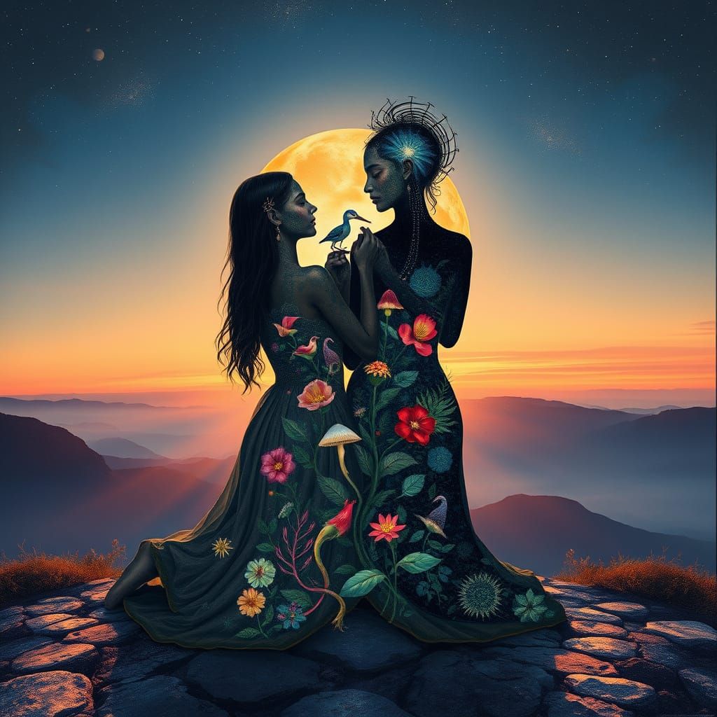 Surrealist Cosmic Landscapes: Intertwined Bodies in Ethereal...