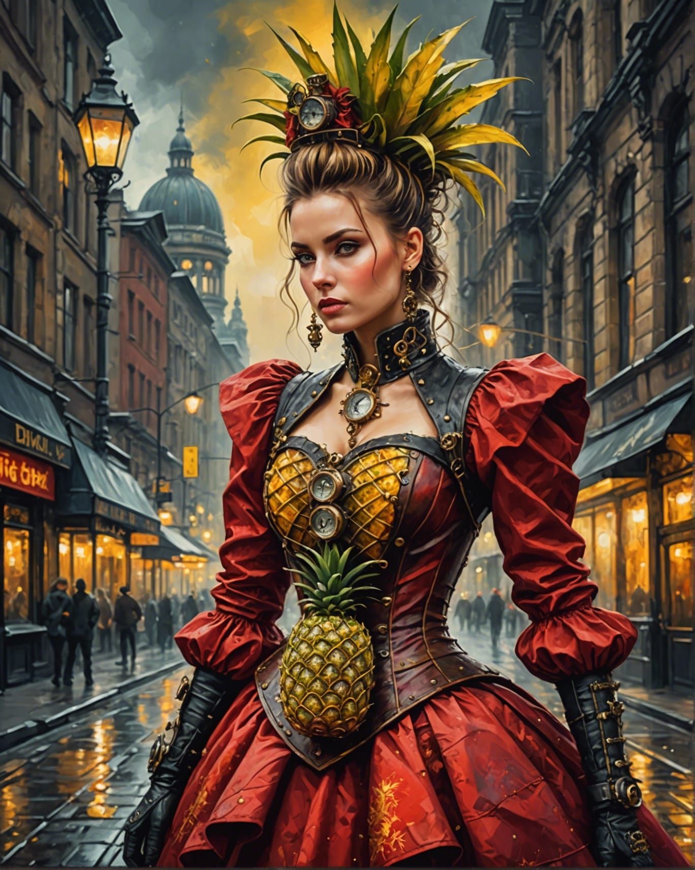 Steampunk Pineapple in Red Dress Oil Painting