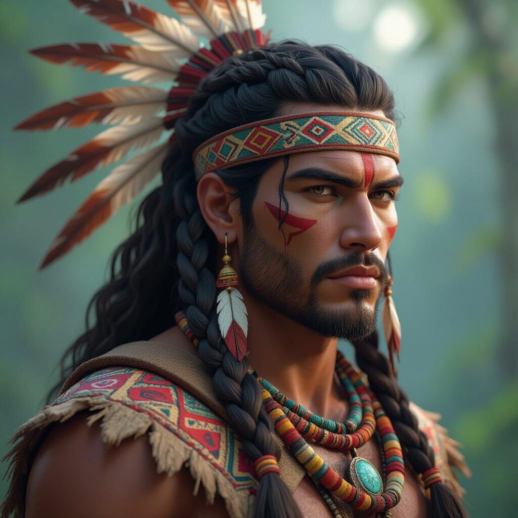 Realistic Taino Warrior Portrait in Dynamic Concept Art Styl...