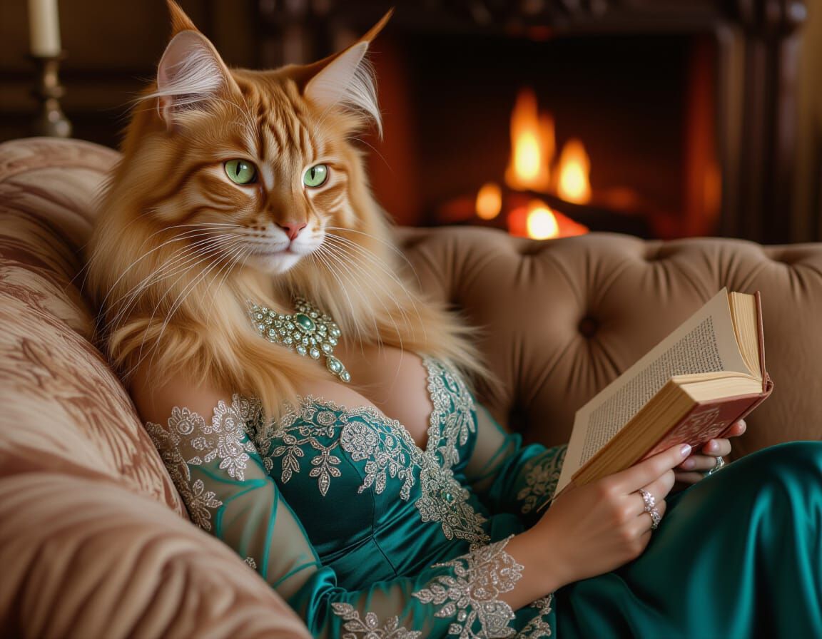 Feline Woman in Teal Silk Dress Reading by Firelight
