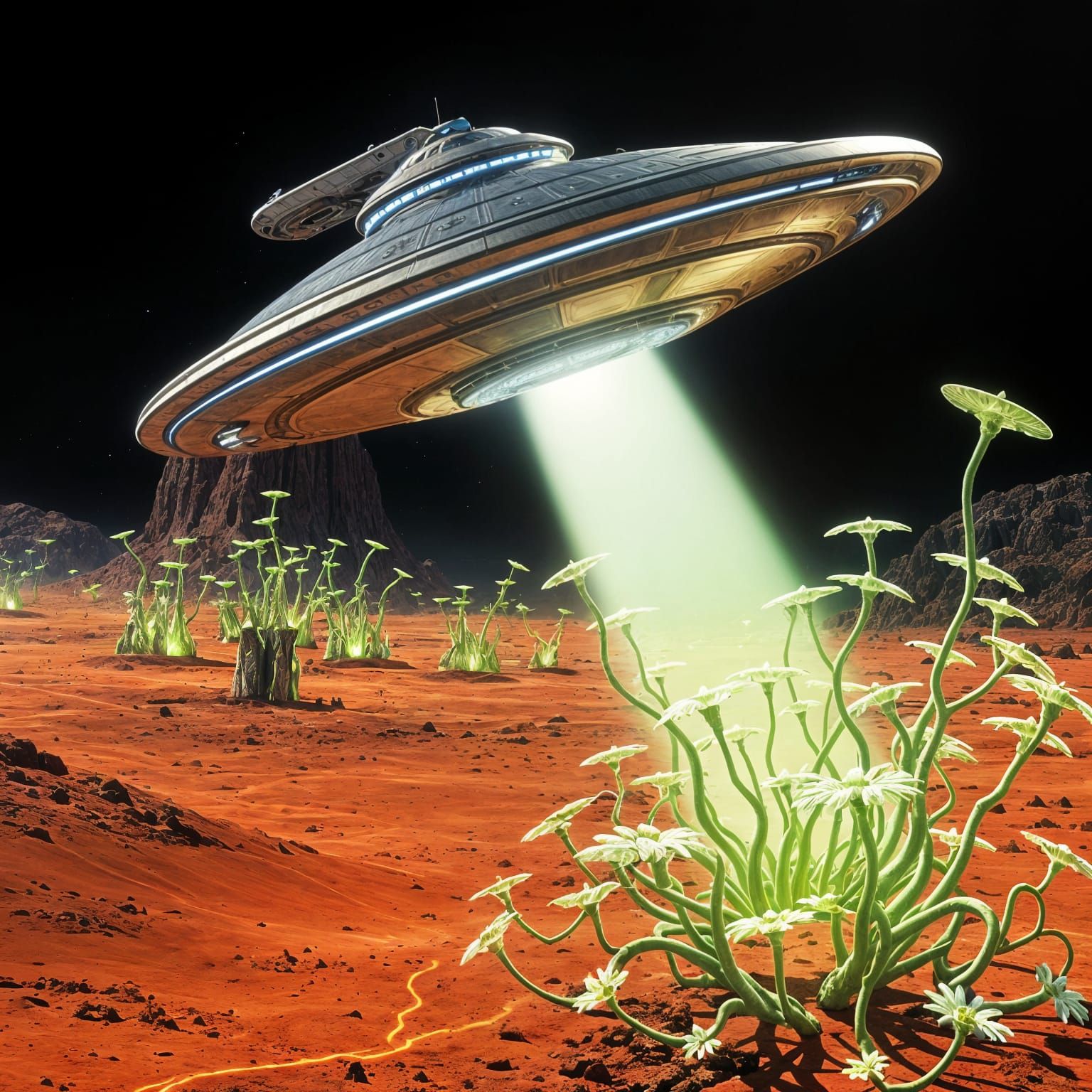 Saucer Spaceship Terraforms Alien Landscape with Laser Beam