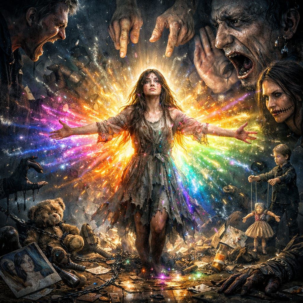 Surreal Girl Surviving Trauma in Dark Fantasy Style