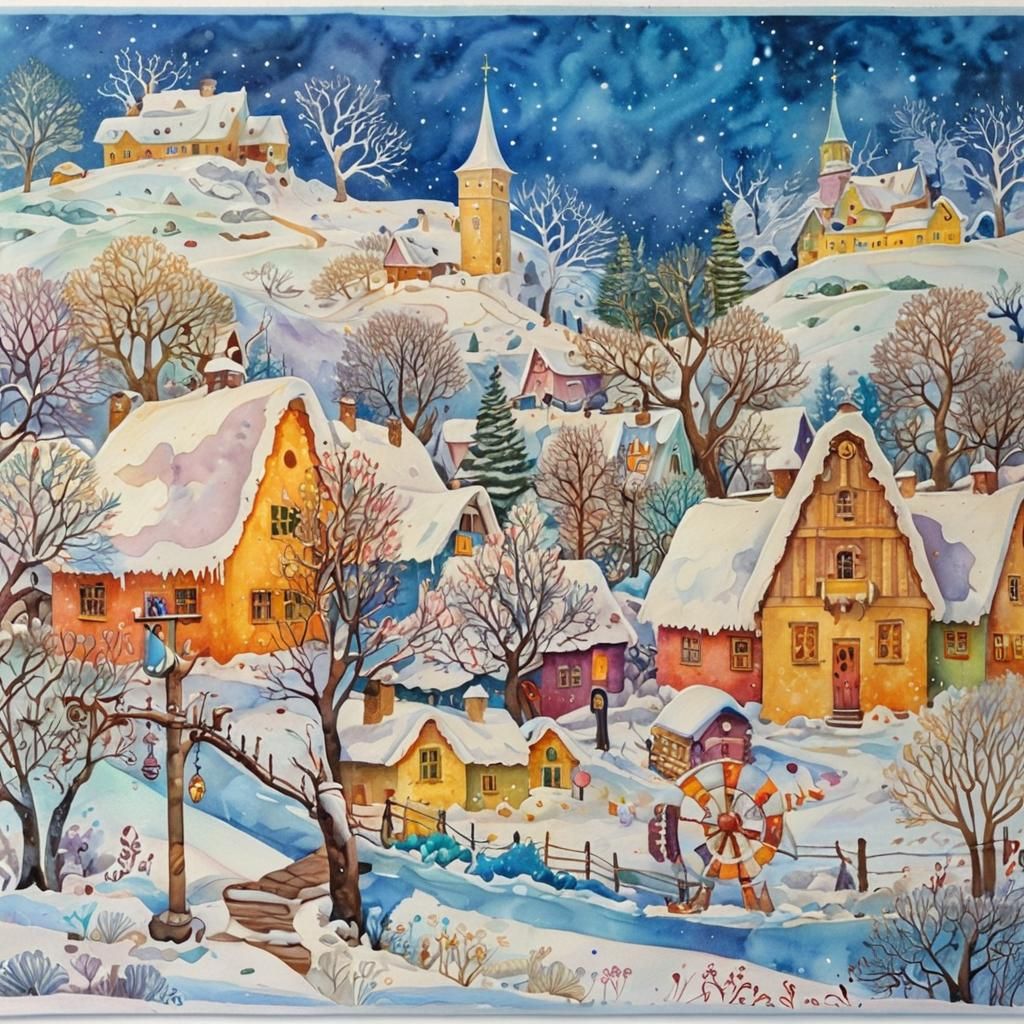 Magical Snowy Village in Watercolor Comic Art Style