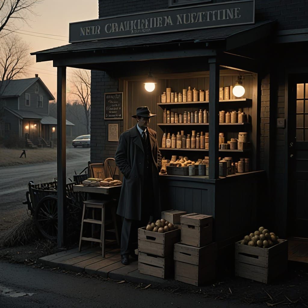 Noir Farm Stand at Dusk: A Detective Story