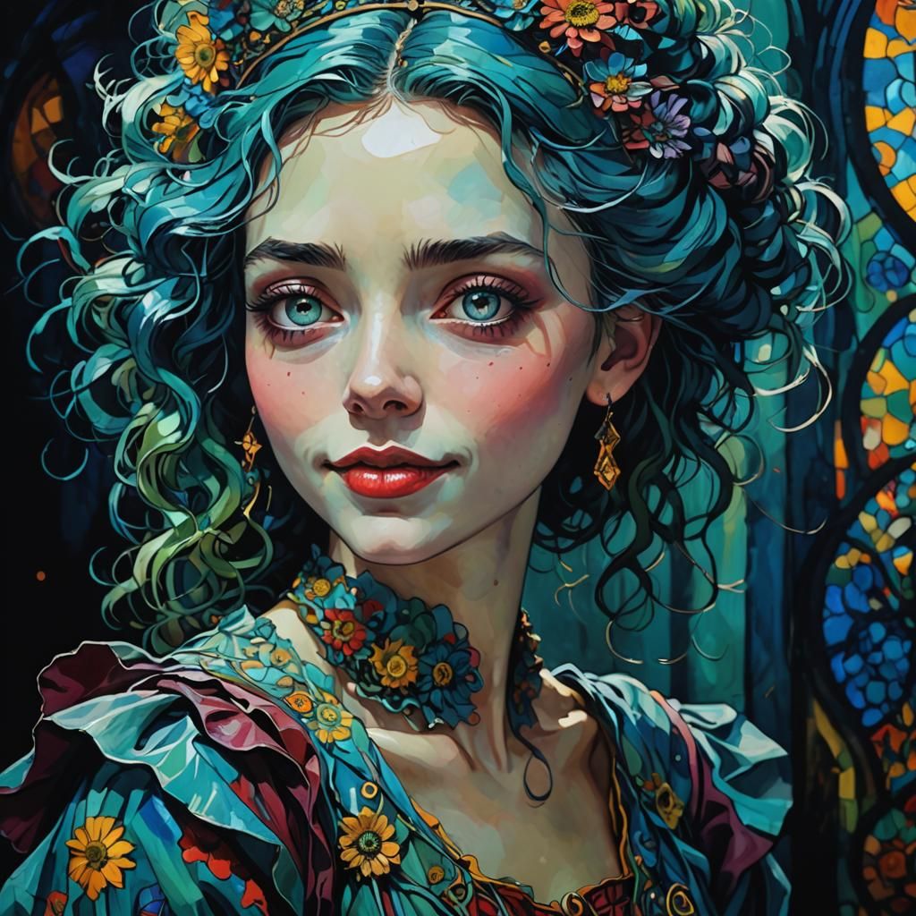 Smiling Girl in Triadic Colors, Burton, Van Gogh, Mucha Styl...