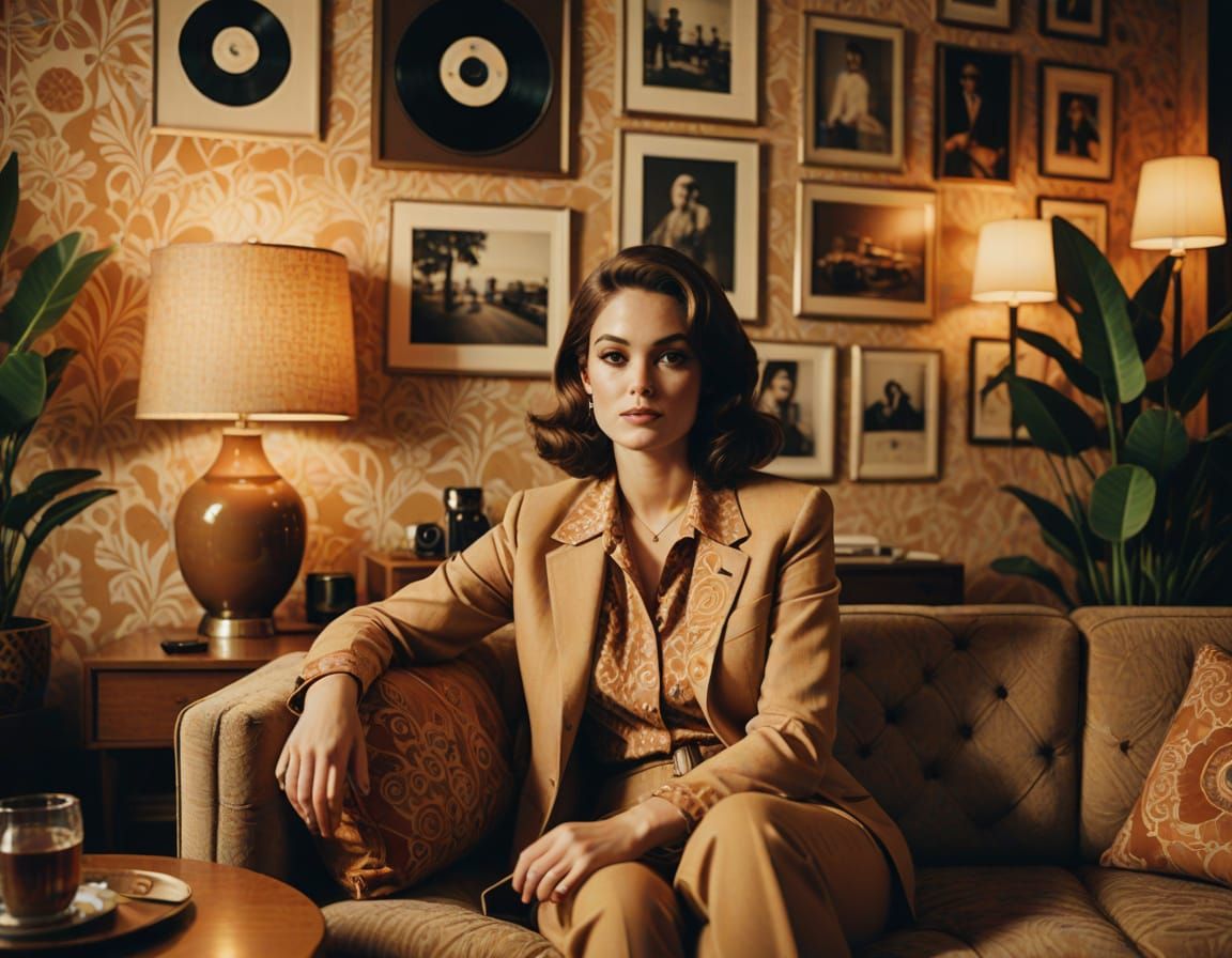 70s Woman in a Cozy Living Room Scene