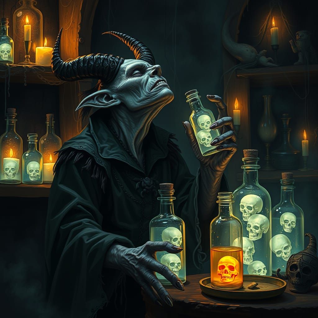 Dark Demon Enjoys Mysterious Potions in a Haunting Chamber