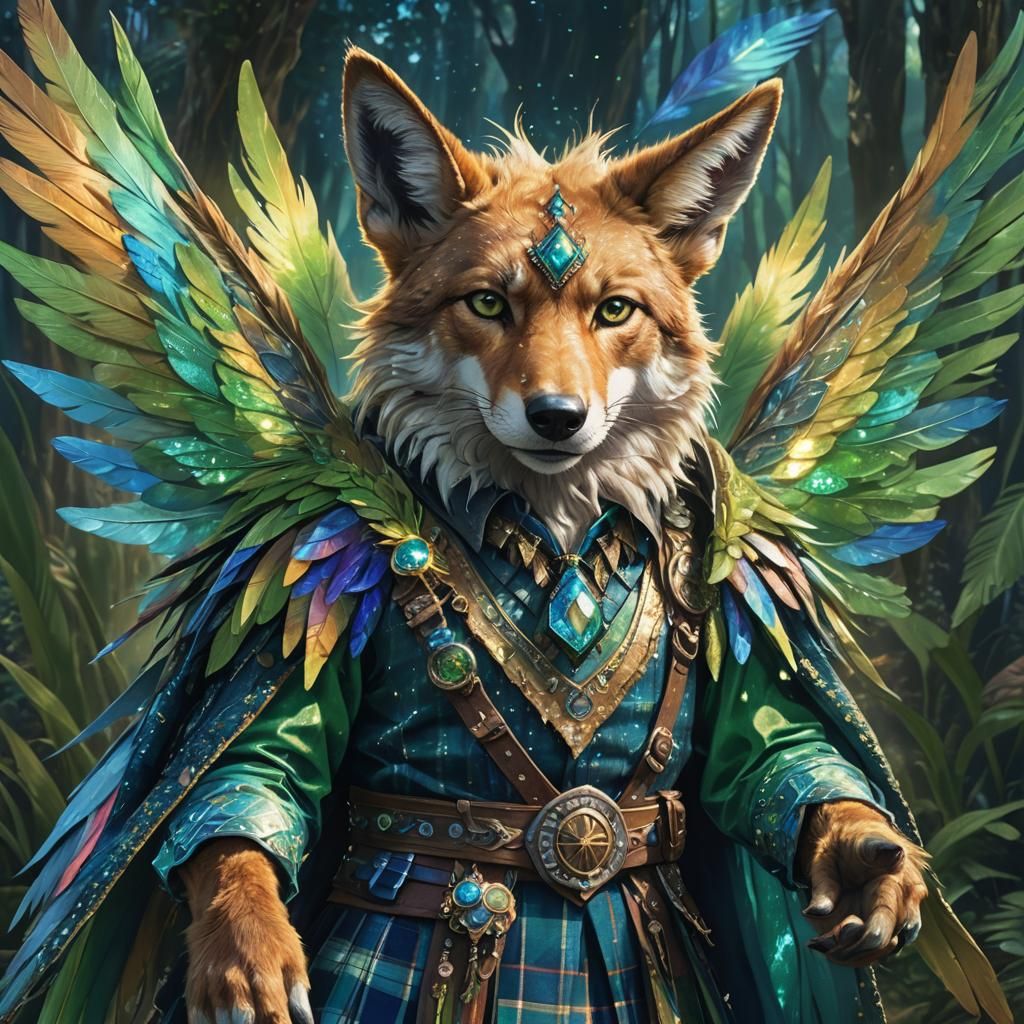 all vibrant green-blue rainbow sparkle wings on an anthropom...