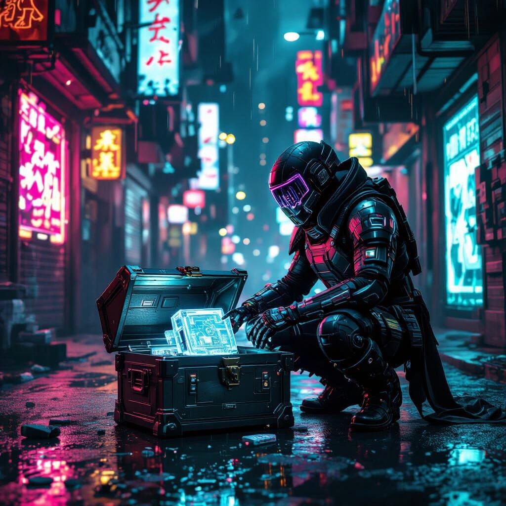Cyberpunk Samurai Retrieves Data in Neon Alleyway