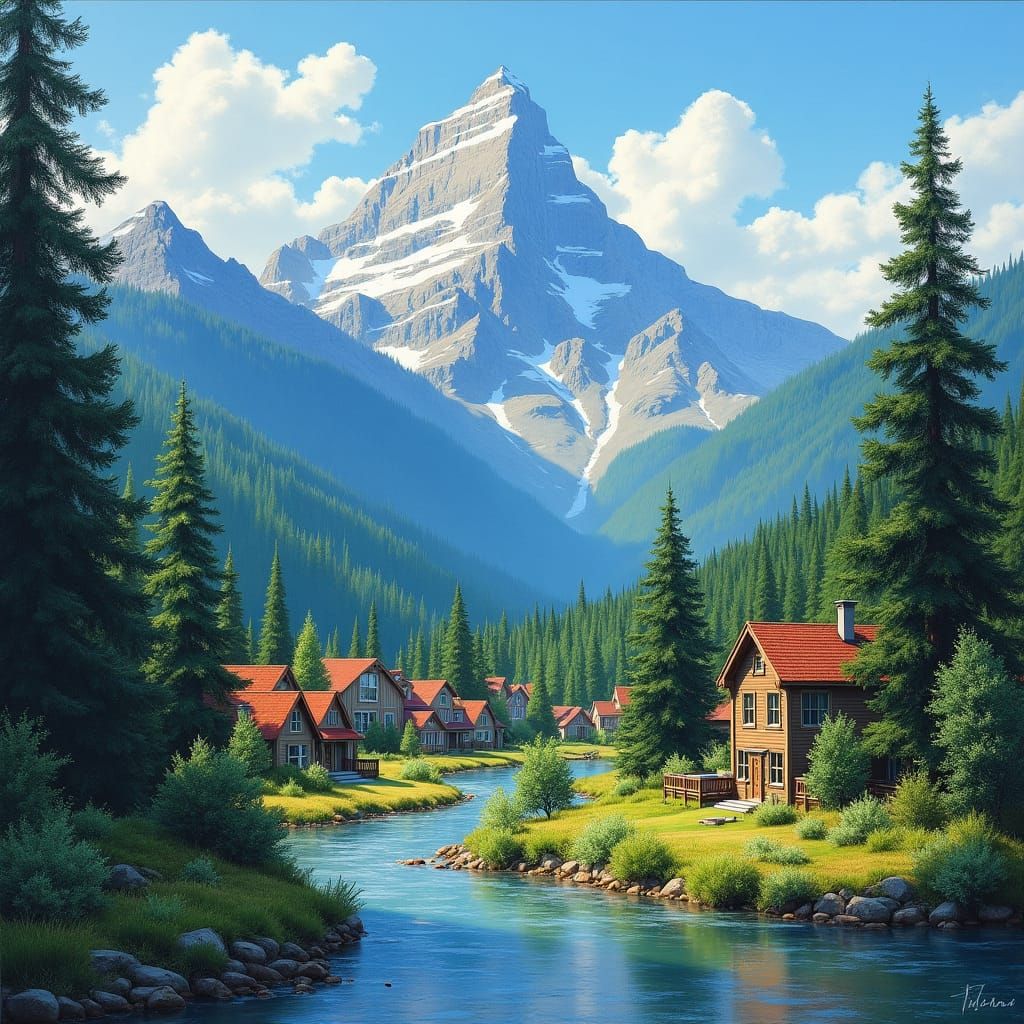 Scenic Mountain Town Landscape Painting in British Columbia