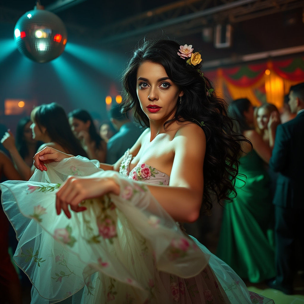 Woman Dancing in Disco with Floral Gown