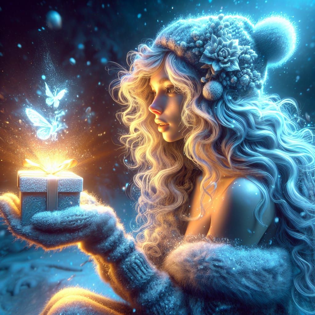 Mythical Snow Creature Gives Gift to Curly Blonde Woman in V...