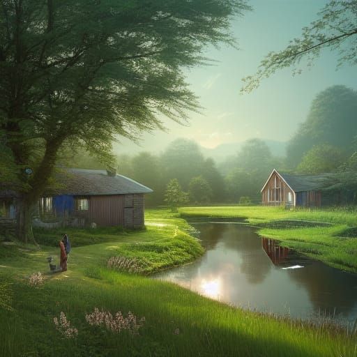 Solarpunk Farmhouse by River in Cel-Shaded Style