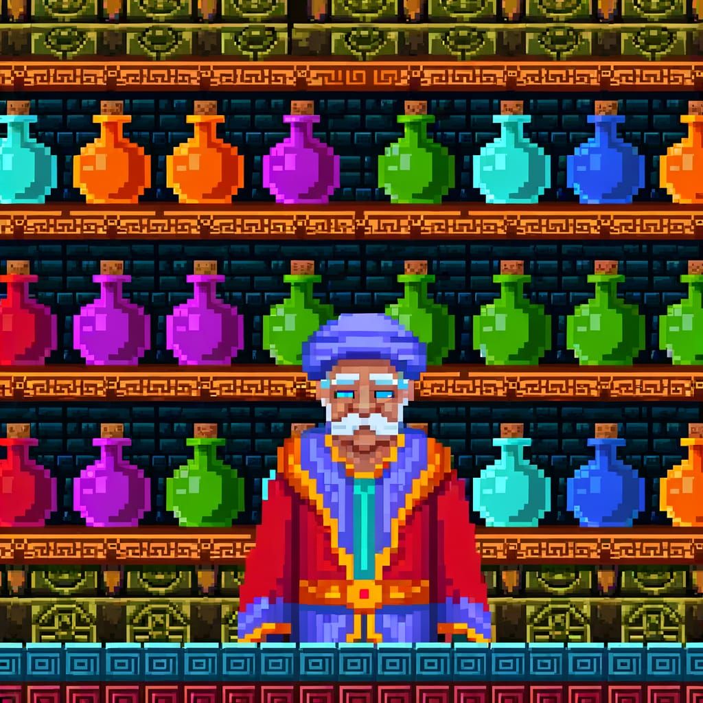 Digitally Rendered 8-bit Pixel Art of a Vibrant Potion Maste...