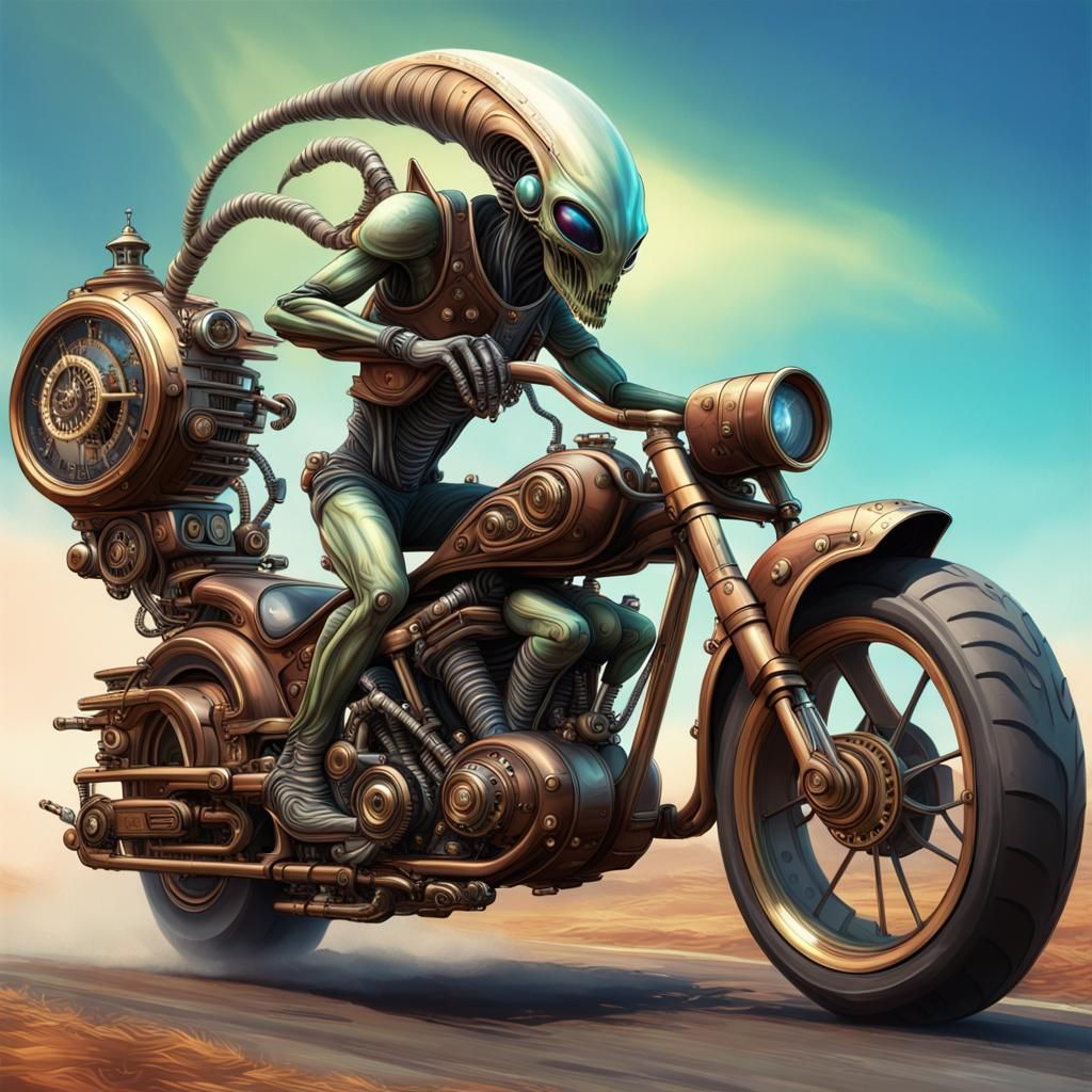 Alien on Steampunk Motorcycle Time Machine