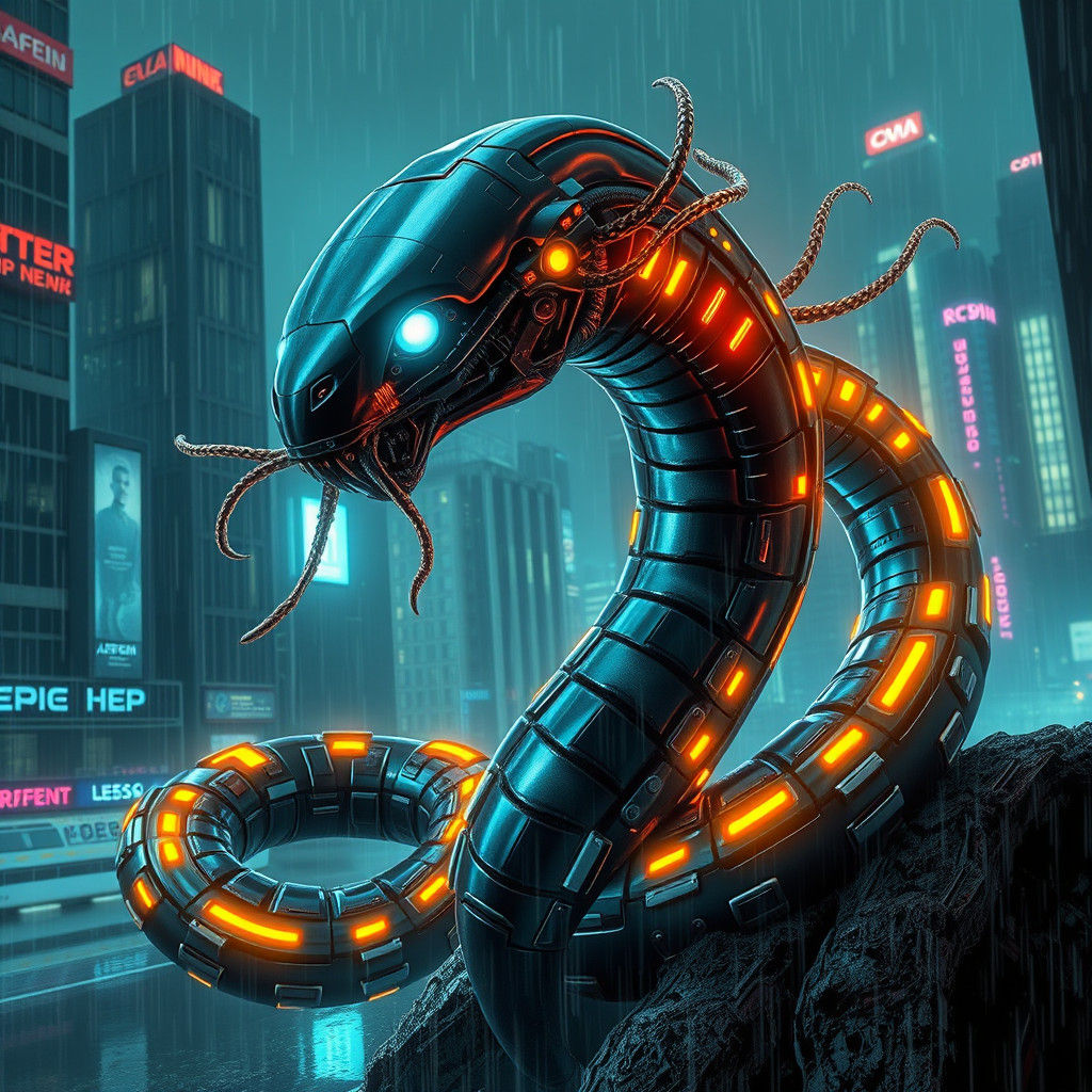 Cyberpunk Alien-Robot Serpent in Dystopian Cityscape