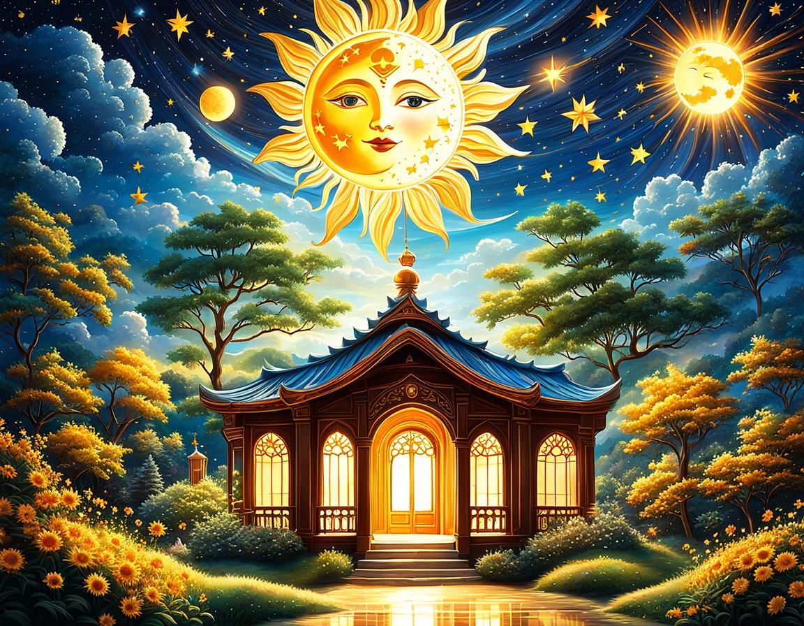 Cosmic Sun and Moon in Starry Sky