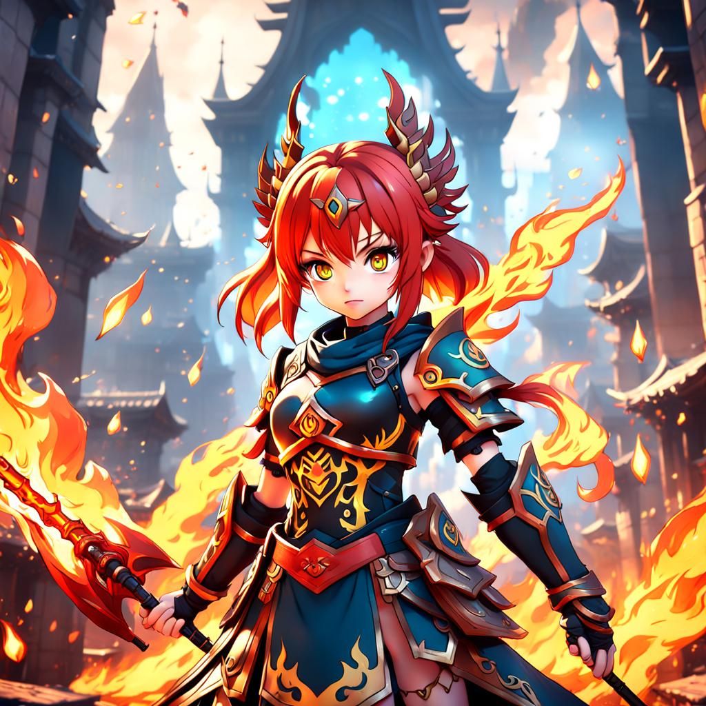 Anime Fire Warrior Girl in Detailed Matte Painting