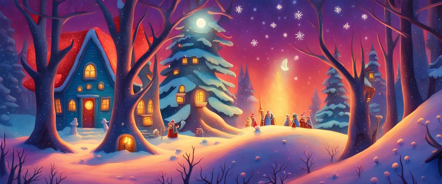 Magical Winter Village Scene with Sorcerers