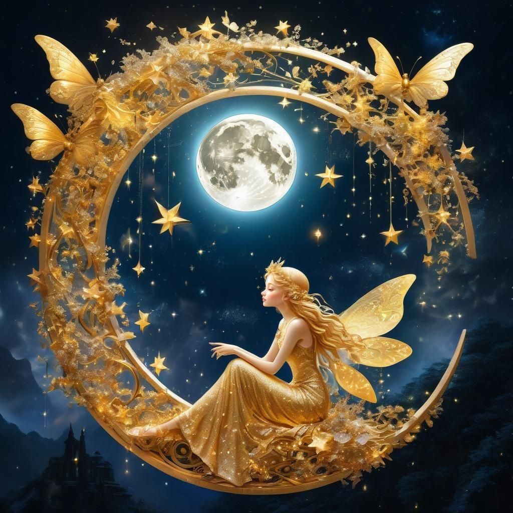 Golden Fairy on Moon in Astral Illustration