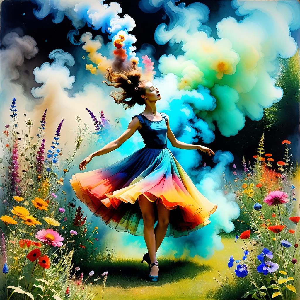 Dancer in Volatile Dress with Wildflowers