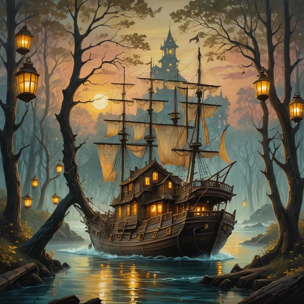 Haunted Ship Approaches Seaside House, Oil Painting