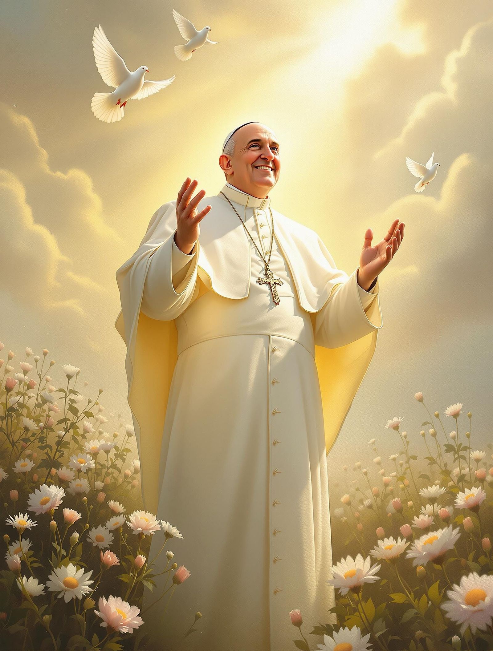Pope Francis in Serene Spring Landscape with Doves and Golde...