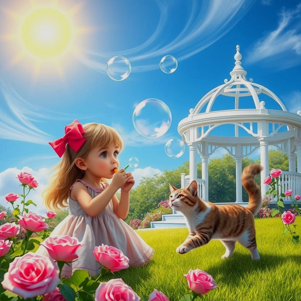 A Little Girl and Her Cat Chase Bubbles in a Serene Rose Gar...