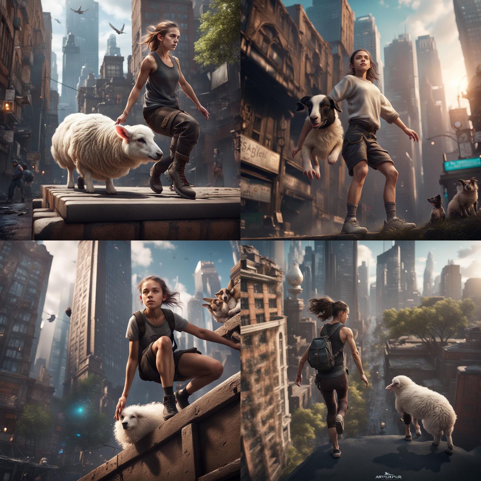 Girl Doing Parkour With Dog: Detailed Matte Painting