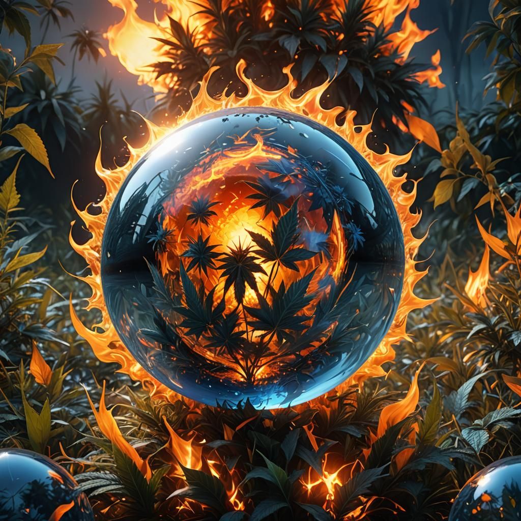Fiery Marijuana Field Reflected in Surreal Orb