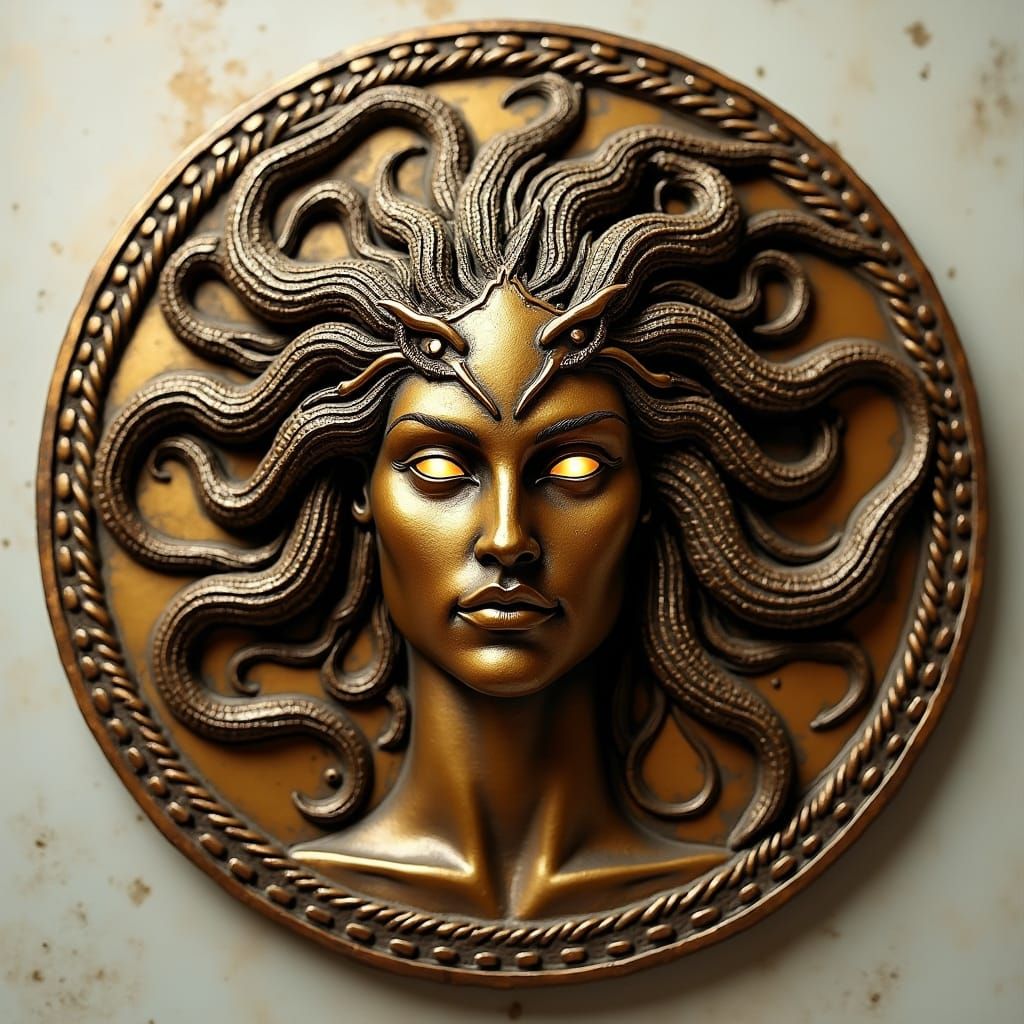 Medusa's Visage on Bronze Shield, in Biomechanical Surrealis...