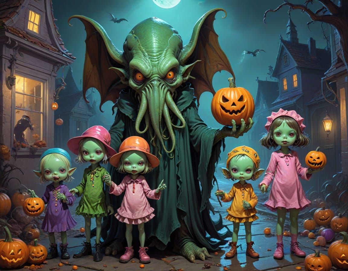 Cthulhu Family Trick-or-Treating in Halloween Costumes