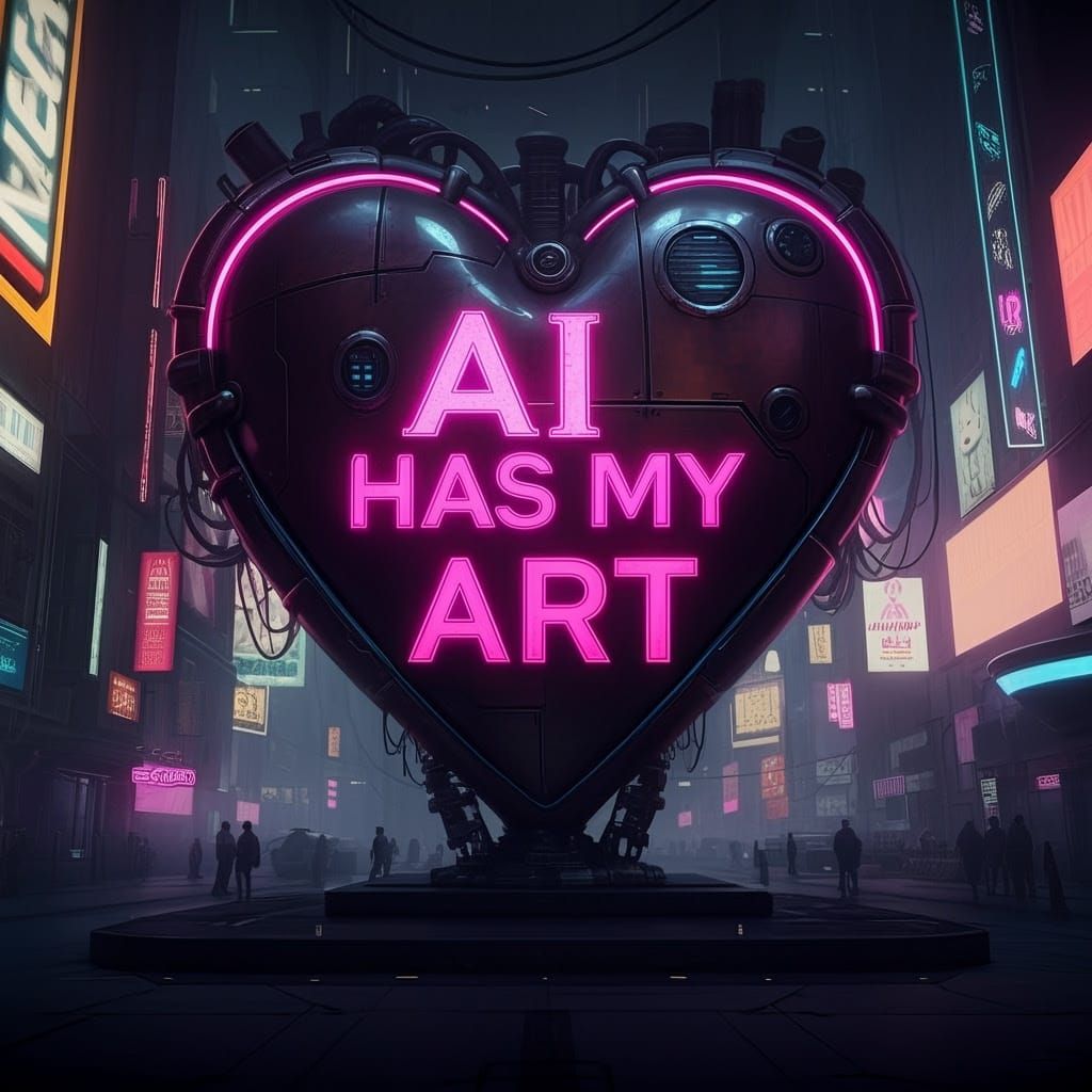 Gigantic Conversation Heart Statue in Cyberpunk City