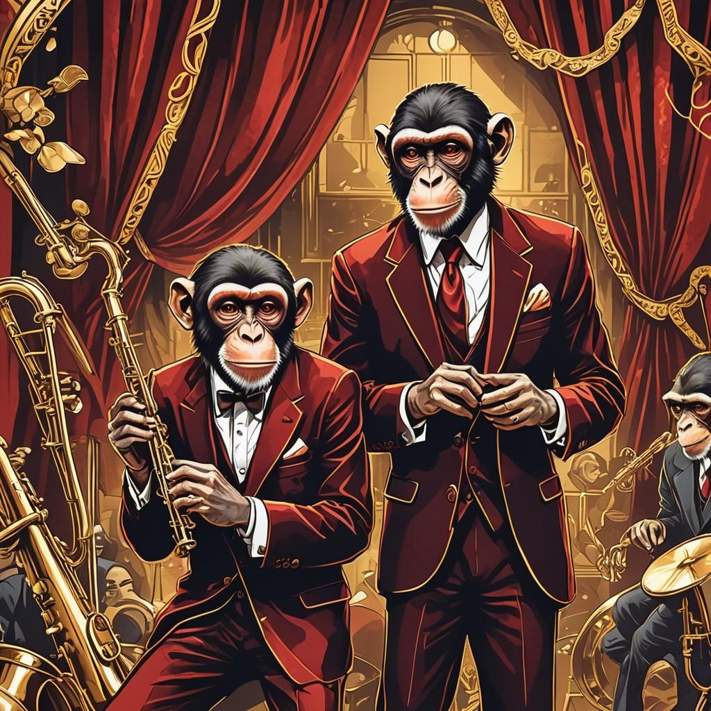 Create a vector illustration of 2 monkeys dressed in suits, ...