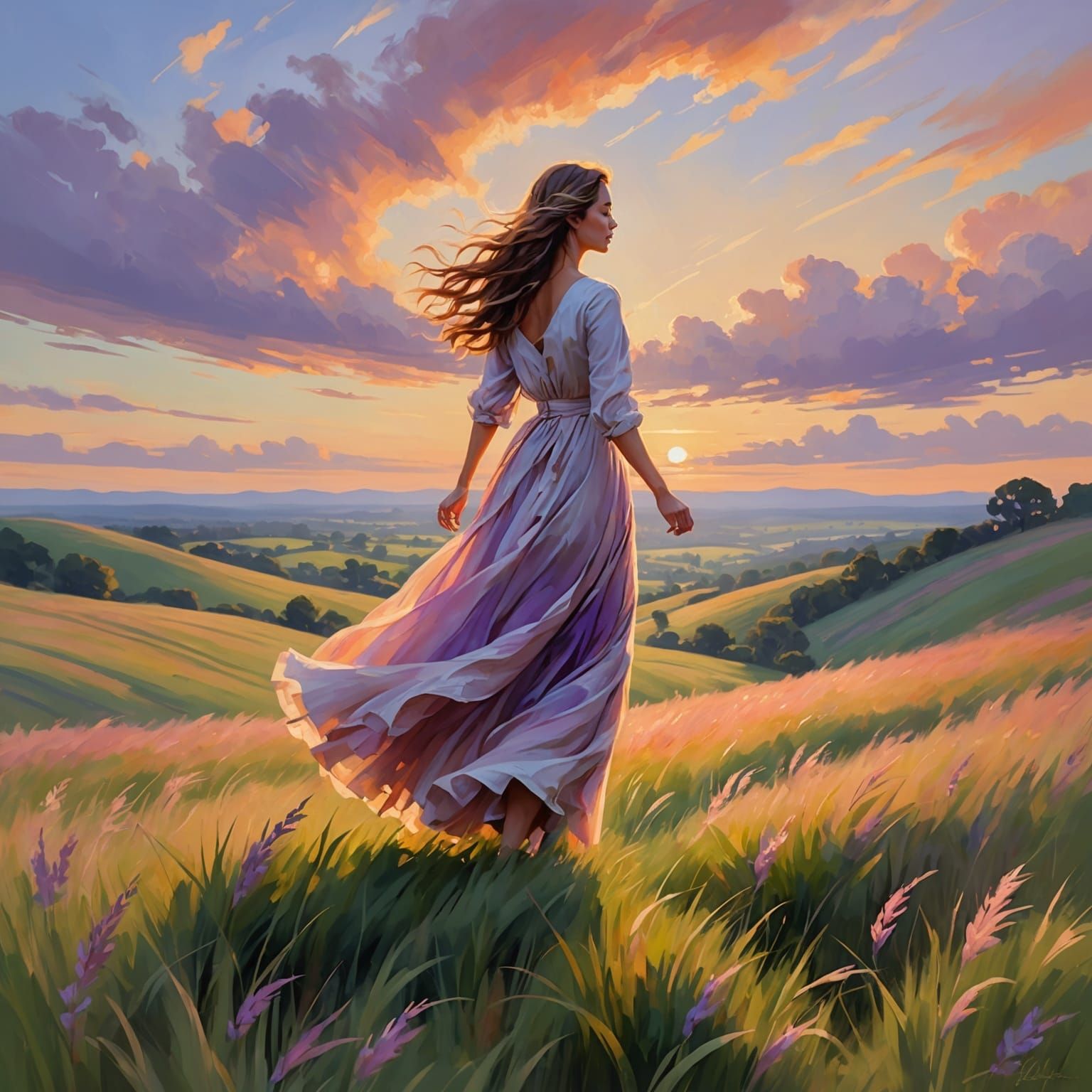 Impressionist Woman in Wind-Swept Landscape, Monet Style