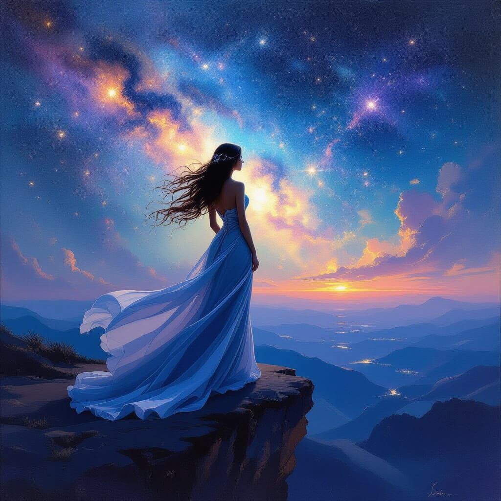 Ethereal Woman Gazing at Nebula in Expressionist Style