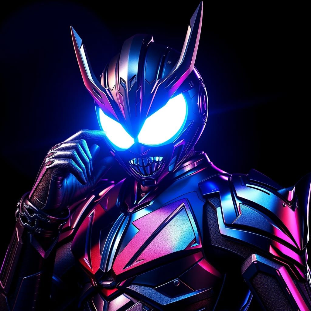 Heroic Kamen Rider with Glowing Electric Blue Eyes
