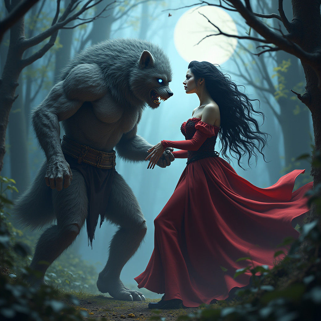 Vampire and Werewolf Battle in Misty Forest