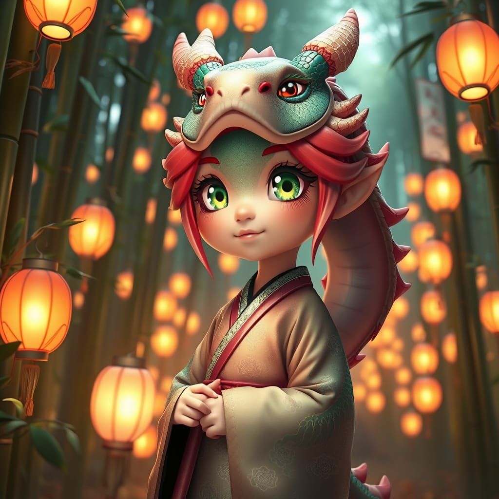 Anime Dragon Girl in Bamboo Forest with Lanterns
