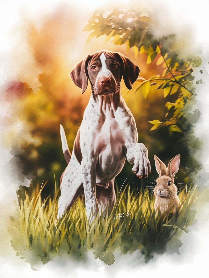 Vibrant Pointer Puppy Stands Tall in Lush Green Grass with P...