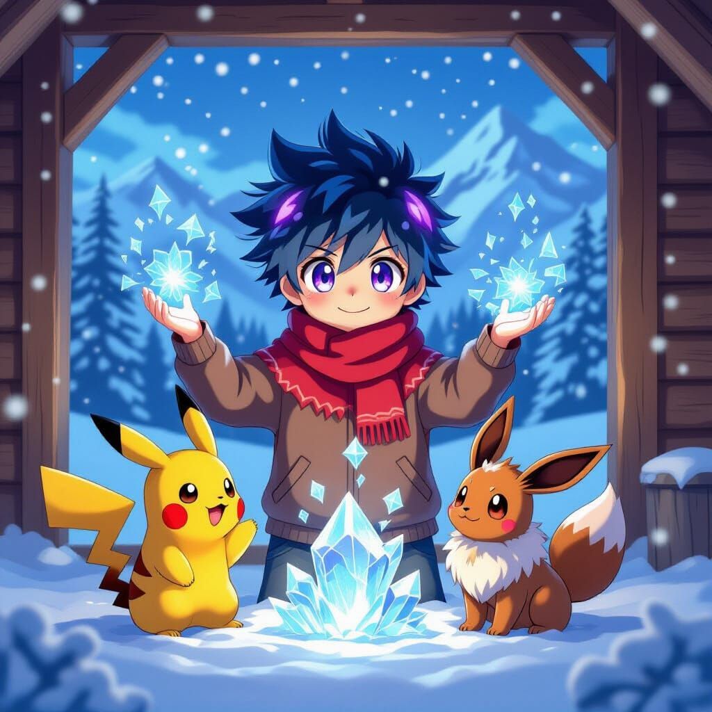 Boy Creates Ice Magic With Pikachu and Eevee in Cozy Cabin