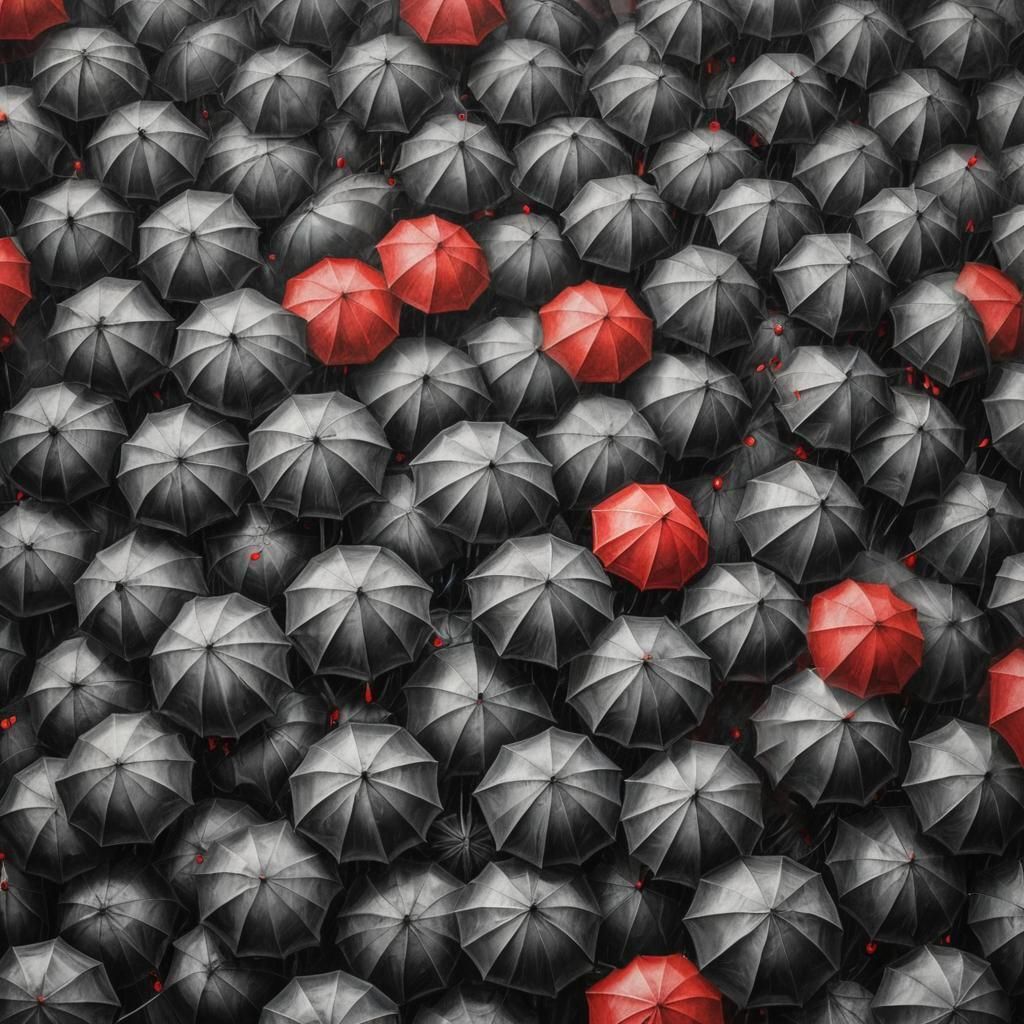 Striking Red Umbrella Among Black: Charcoal Drawing